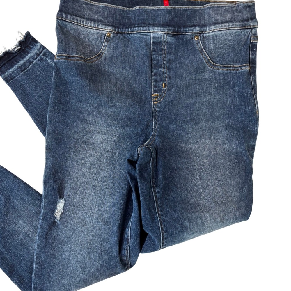 Spanx Jean-ish Ankle Leggings Distressed Raw Hem Dark Indigo Wash Large 20203R - Picture 6 of 12
